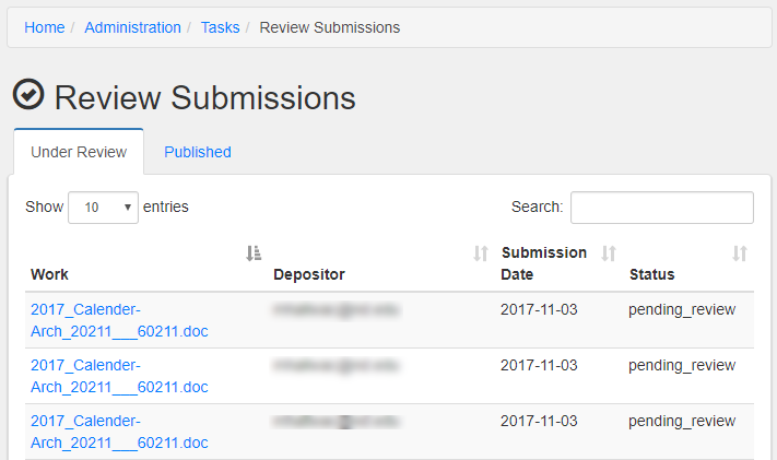 screenshot of review submissions page